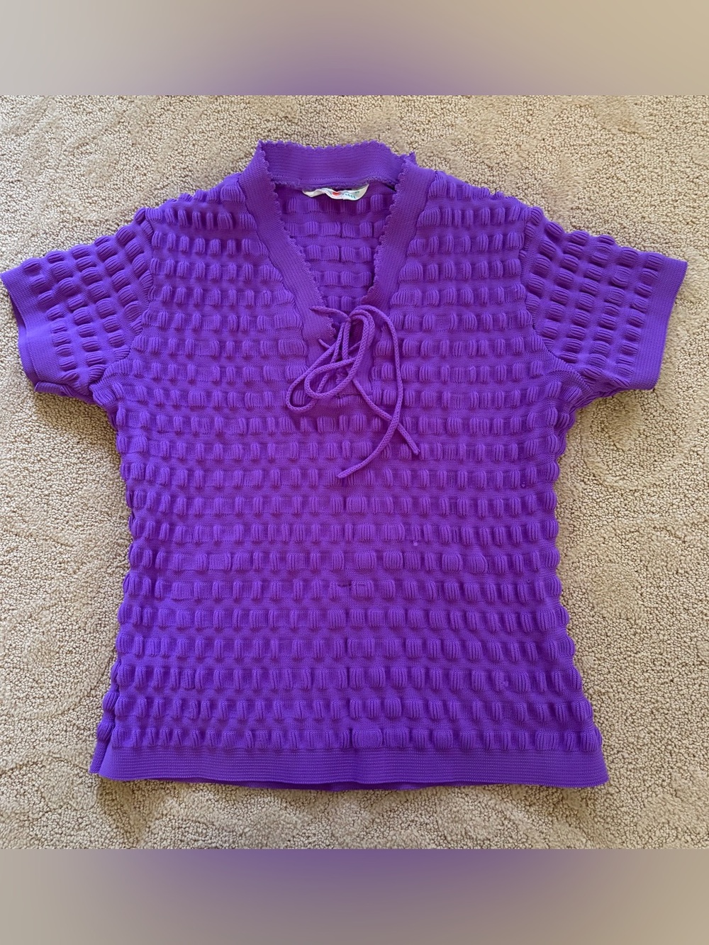Vintage 70s Popcorn Knit Top Tie Front Purple Bubble Texture Shirt